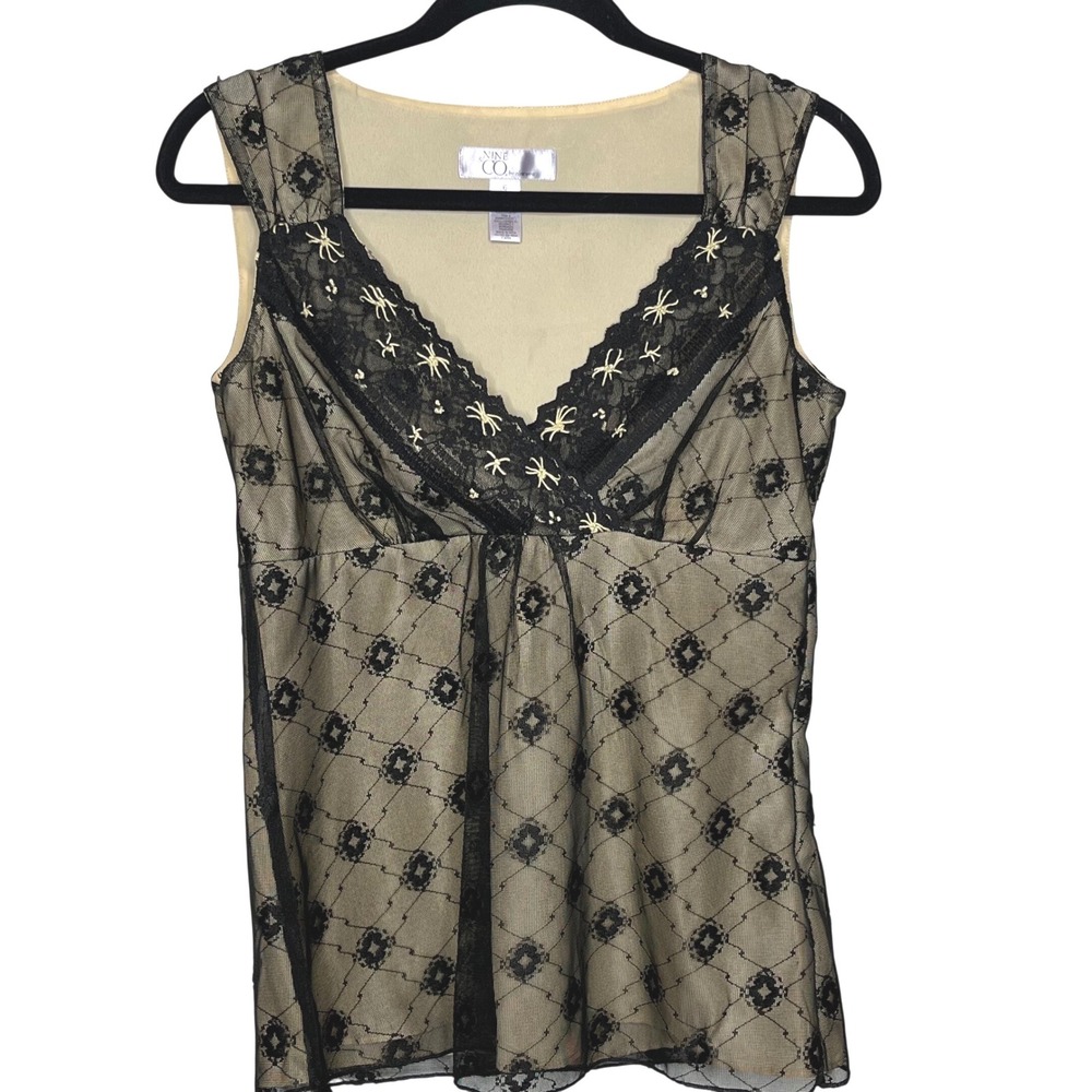 Vintage Y2K Nine & Co Black Tan Lace Mesh Overlay Babydoll Tank Top Size 6 VNeck